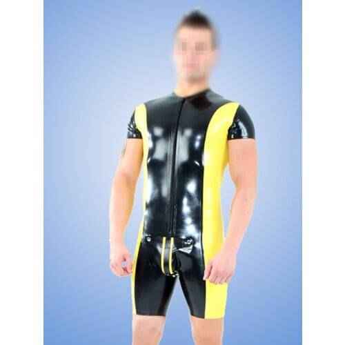 Handmade Fashion Man Latex Short Sleeves Tight Rubber Latex Catsuit with Cod Piece Leotard