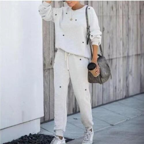 Autumn and Winter New Ladies Suit Fashion Casual Star Print Round Neck Long-sleeved Shirt Pants Two-piece Womens Clothing WF21