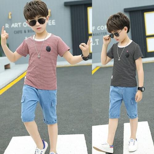 Summer boy clothes handsome striped short-sleeved T-shirt + fashion half-length denim sports two-piece suit Quality kids' wear