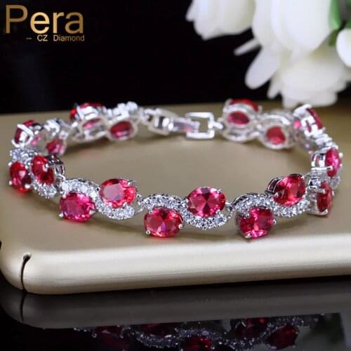 Pera Romantic Indian Red Women Party Jewelry Micro Pave Cubic Zirconia Oval Shape Stone 925 Sterling Silver Bracelet Femme B109