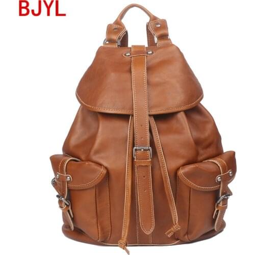 New mens casual leather backpack vegetable tanned leather men drawstring computer bag cowhide travel backpacks