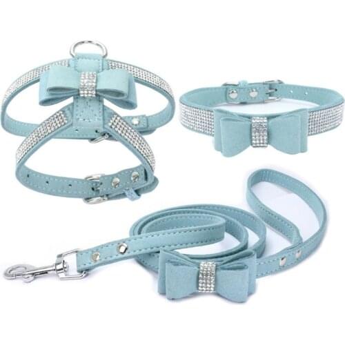Adjustable Chest Strap With Buckle Rhinestone Soft Suede Bow Pet Dog Cat Harness Leather High Quality Pet Collar 3-Piece Set
