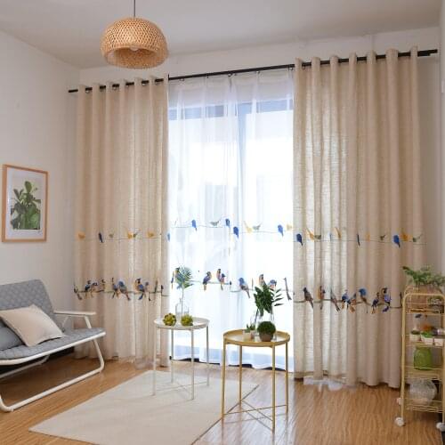 Birds Embroidered Cotton Linen Curtains for Living Room Bedroom Pastoral Window Curtain White Sheer Curtain Window Treatment