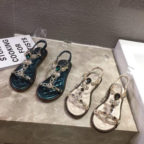 2021 New Summer Rhinestone Sandals Female Fairy Crystal Flat Bottom Open Toe Holiday Ins Sandals