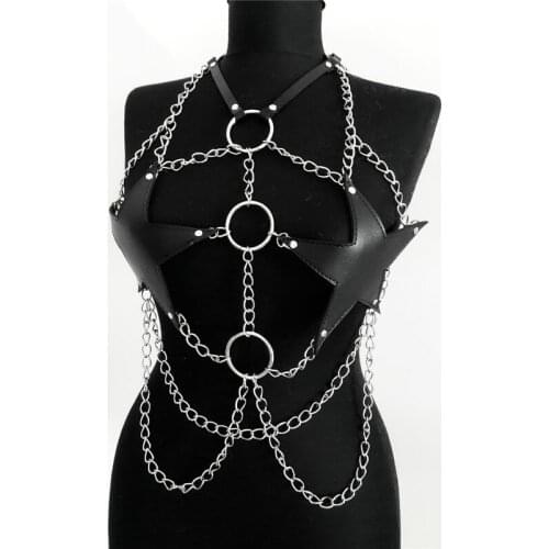 Metal Chains Rivet Leather Hollow Out Crop Tops Sexy O Rings Pentagram Star Pattern Tank Top Night Club Party Women Halter Tops