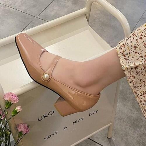 Mary Janes Women Shoes 2021 Summer New Square Toe Thick Heel Genuine Leather Pumps High Heels Vintage Shallow Brand Ladies Shoe