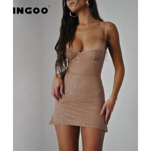 INGOO Diamond Strap Princess Dress Women Solid Color Backless Bodycon Qualities Commute Leisure Bag Hip Mini Dress Streetwear