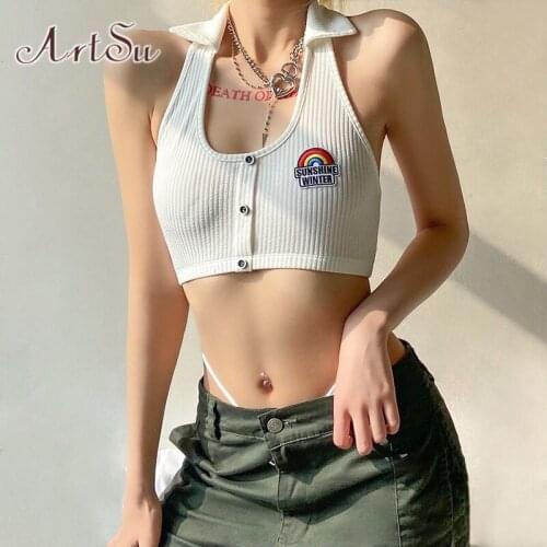 ArtSu White Casual Tops Cute Women Sleeveless Backless Vest Slim Rainbow Streetwear Summer Sexy Halter Crop Top Female VE28094