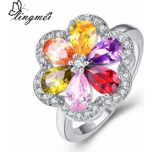 Lingmei New Great Nice Flower Pink Purple Gold Champagne Red Olive Green CZ Silver Color Ring Size 6-9 Women Wedding Jewelry