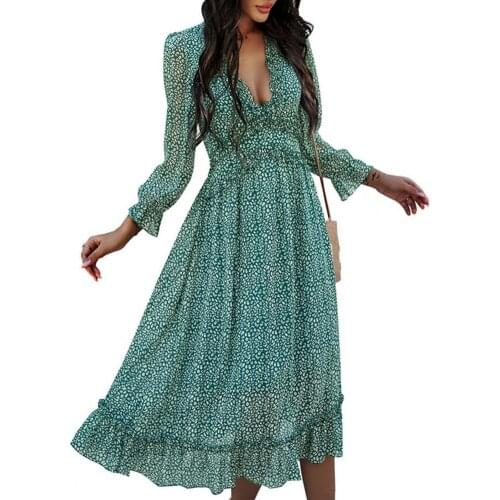 Summer Dress Printed Sexy Deep V Neck Women Ruffles Large Hem Long Sleeve Dress Plus Size High Waist Casual Long Dress for Beach
