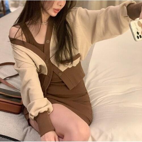 2 Piece Dress Set Women Casual Knit Mini Dress Female Evening Party Elegant Y2k Sweater Dress Korean Fashion 2021 Autumn Office