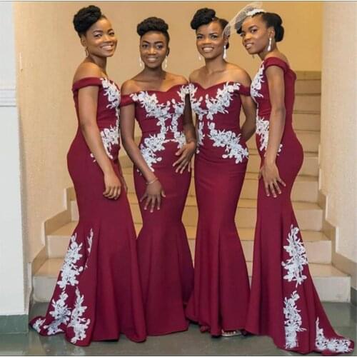 African Dark Red Mermaid Bridesmaid Dresses Long Off Shoulder Wedding Guest Dress Ivory Appliques Cheap Party Gowns