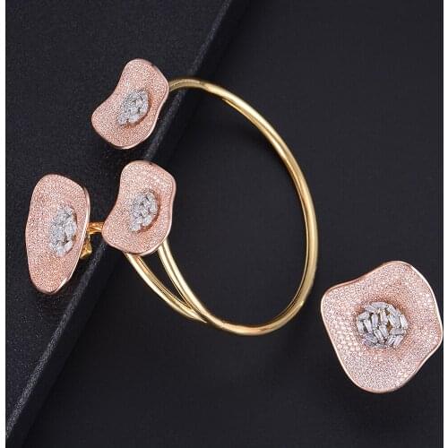 LARRAURI Trendy Full Cubic Zirconia Rosegold Flower Inlaid Bracelet Ring Bridal Wedding Jewelry Sets parure bijoux femme 2019