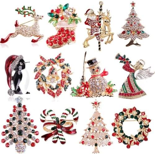 Fashion Christmas Brooches Santa Claus Hat gloves Bells Socks Snowfake Rhinestone Suit Metal Pins Badges Brooch New Year Gifts