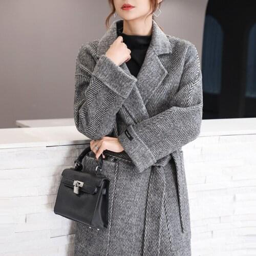 Black herringbone double sided cashmere coat for women winter 2020