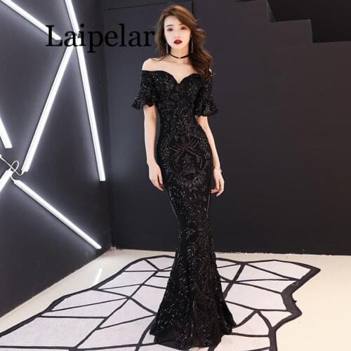 Black Sequined Fishtail Mermaid Dresses 2020 Modest Long Prom Gowns With Puffy Full Sleeves Appliques