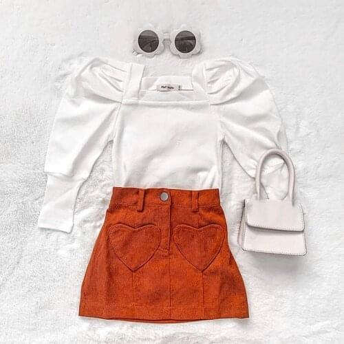 1-6Y Kids Girls Clothes Sets 2021 Autumn Children Puff Sleeve Square Collar Knit Tops + Heart Pattern Skirts Fashion Baby Outfit