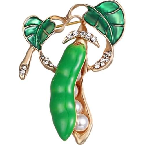 Enamel Green Pea Brooches For Women Gold-color Crystal Pearls Corsages Men Kids Sweater Suit Accessories Pins