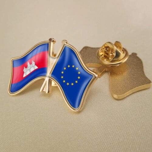 European Union and Cambodia Crossed Double Friendship Flags Lapel Pins
