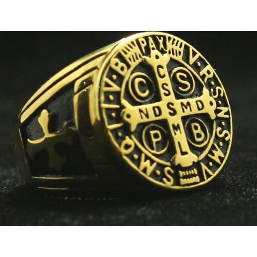 Saint Benedict of Nursia CSPB CSSML NDSMD 316L Stainless Steel Christianity Catholic Church Jesus Exorcism Golden Cross Ring