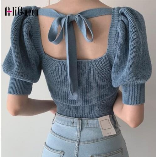 Korean Women Square Collar Knitted Short Sweaters Sexy Backless Bow Bandage Crop Tops Thin Summer Outwear Female Top Pullover