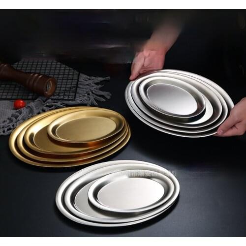Korean-style 304 stainless steel oval plate barbecue plate flat gold tray snack dish steamed fish dish Western food dish