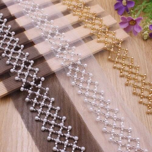 1Yards Beaded Lace Ribbon African Lace Fabric Beaded Fringe Lace Trim Embroidered Collar Decoration Sewing Accessories Material