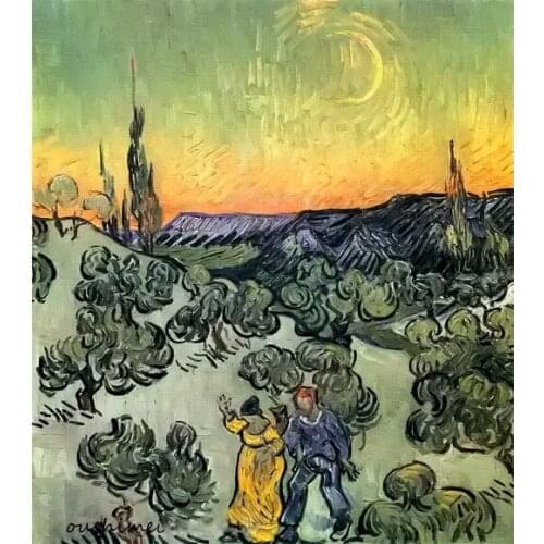 Walking Couple in Olive Garden of a Mountain Under the Crescent Landscape Oil Painting Handmade Painting for Home Decoration Art
