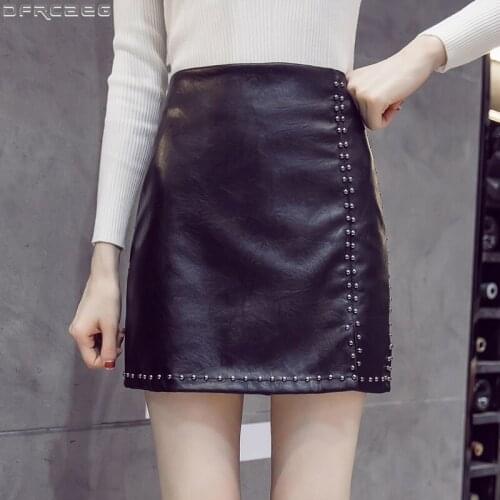 New High Waist PU Leather Skirt For Women 2020 Autumn Winter Streetwear Ladies Skirts Fashion Rivet A-line Mini Black Faldas