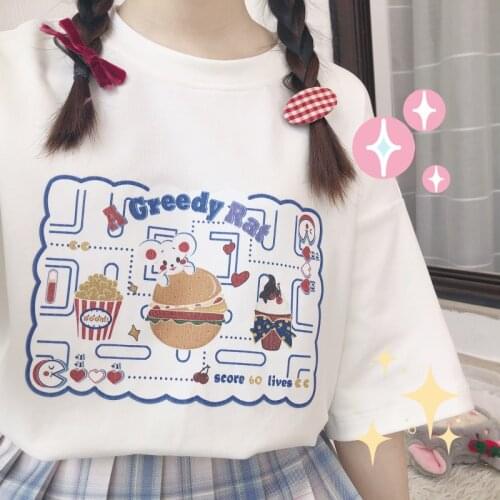 Original Greedy Rat Japanese Kawaii Girl Summer T-shirt New Sponge Edge Loose Solid Color Pullover Cartoon Short Sleeve T-shirt