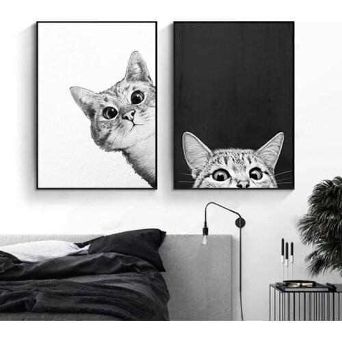 Simple Nordic Style Prints Cartoon Cat Posters Canvas Painting Wall Art Black and White Pictures Baby Kids Room Home Decoration