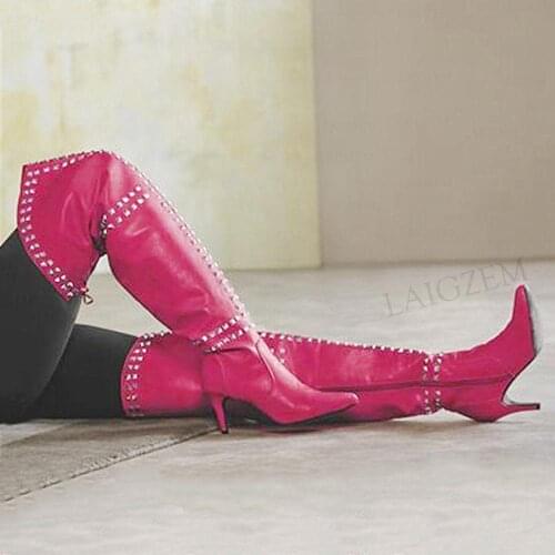 BERZIMER SUPER Women Thigh High Boots Side Zip 7.5CM High Heels Over Knee Boots Studded Ladies Shoes Woman Big Size 44 45 46 47