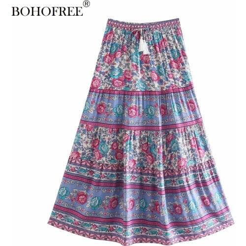 Boho Vintage Floral print maxi Hippie Fadal Casual Summer beach Elastic Waist Bohemian Rayon Cotton Skirts