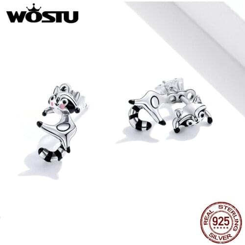 WOSTU Winter Arrival Stud Earrings 925 Sterling Silver Little Raccoon Small Earrings for Women Animal Fine Jewelry Gift DXE990