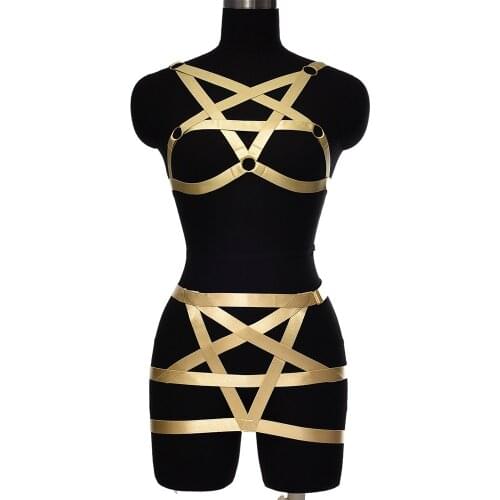 Women Gothic Harajuku Star Body Harness Fetish Bondage Leg Pentagram Body Cage Rave Wear Sexy Lingerie Set Harness Bra