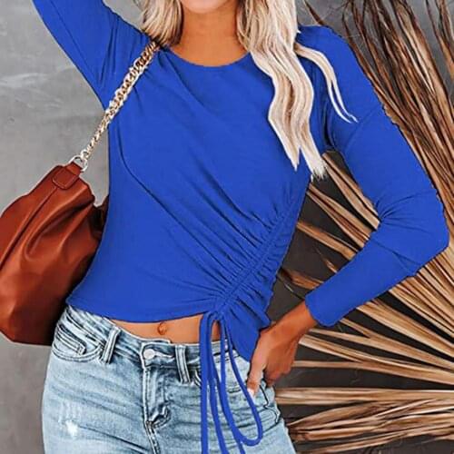 Sexy Long Sleeve Lace Up Pleated Crop Top Woman Solid Simple Basic Fashion T-shirt Street 2021 New Y2k Female Clothing
