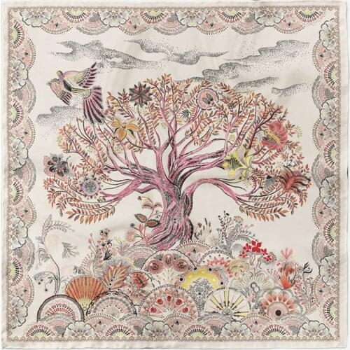 POBING Twill Silk Scarf Woman Tree Print Square Scarves Wraps Bandana Small Hijab Foulards Lady Tie Headband Neckerchief 53CM