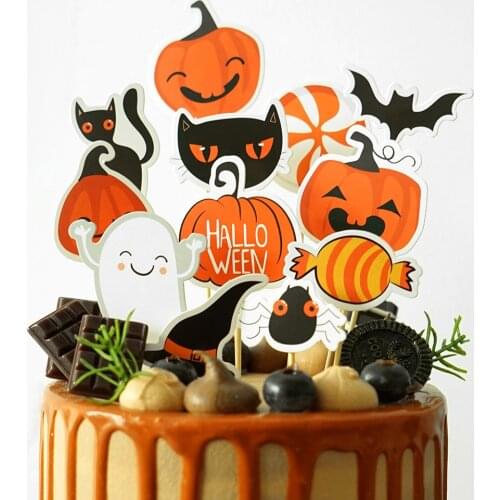 12Pcs Happy Halloween Cake Toppers Pumpkin Ghost Cat Bats Spider Witch Cupcake Flags Cake Toppers For Halloween Cake Decoration