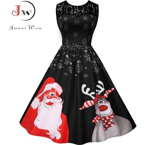 2021 Women Christmas Party Dress Sleeveless Santa Claus Print Elegant Vintage Lace High Waist Winter Xmas Clothes Sundress