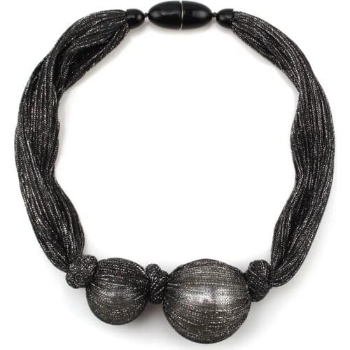 Silk Ribbon Rope Chain Big Bead Ball Simulated Pearl Pendant Necklace for Women Florate Brand Statement Button Clasp Necklace