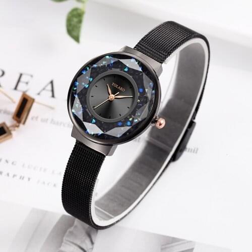 2020 Relogio Feminino YOLAKO Fashion Black Watches Women Luxury Crystal Watches Stainless Steel Mesh Band Quartz Wristwatches