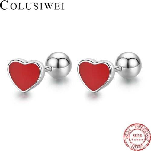 Colusiwei Cute Romantic Red Enamel Love Heart Stud Earring for Women 100% Anti-Allergy 925 Sterling Silver Earring Jewelry Gift