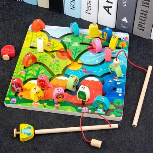 Children Montessori Wooden Toy Alphabet Puzzle Magnetic Fishing Game Clip Catch Forest Animal Toys Kids Baby Educational Toy