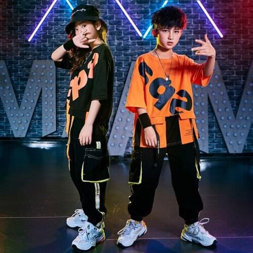 Kid Cool Hip Hop Clothing Orange Crop Top T Shirt Streetwear Black Pants for Girls Boys Jazz Dance Costume Clothes