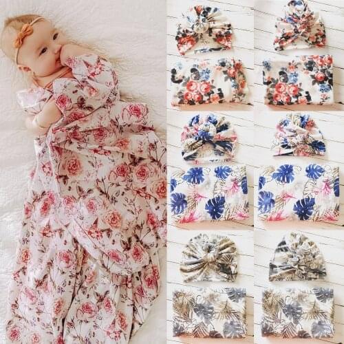 Newborn Wrapping Blanket Set Baby Infant Floral Print Swaddle Wrap Soft Cloth Warm Sleep Muslin Wrap Hat