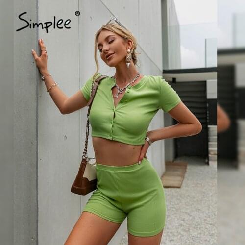 Simplee Casual knitted solid womens two piece suit single breasted fashion sport suit Daily home style short sleeve Sets 2021