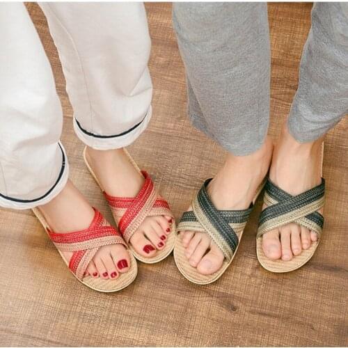 Couples Summer Linen Indoor Slippers Anti-Skip Womens Household Massage Shoes Home Casual Slippers for Men