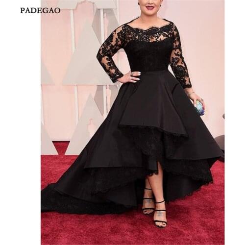 Fashion Black Evening Dresses with Lace Long Party Dress A-Line Full Sleeves Stain Floor Length Open Back t Evening Dress