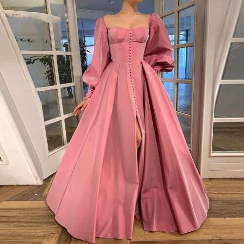 Muslim Satin Evening Dresses 2021 New Listing Simple Formal Party Gowns Square Neck Full Sleeves Long Prom Dress