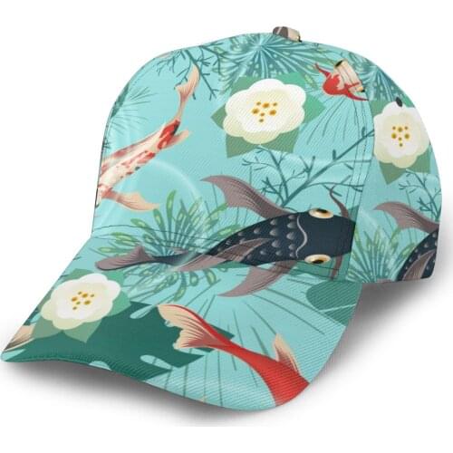 CINESSD 2020 New Baseball Cap Fishing Caps Men Outdoor Hunting Hat Hiking Hat Koi Fish Monstera Leaves Pond